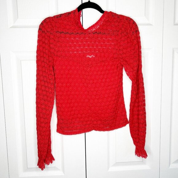 Nightcap Beaux Red Lace Long Sleeve Semi-Sheer Blouse Women's Size Small S - Picture 1 of 10